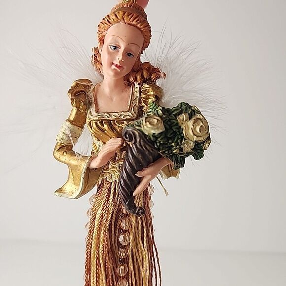 Christmas Angel Ornament Gold Tassel Beaded Dress Feather Wing Bouquet 10" - Picture 2 of 7